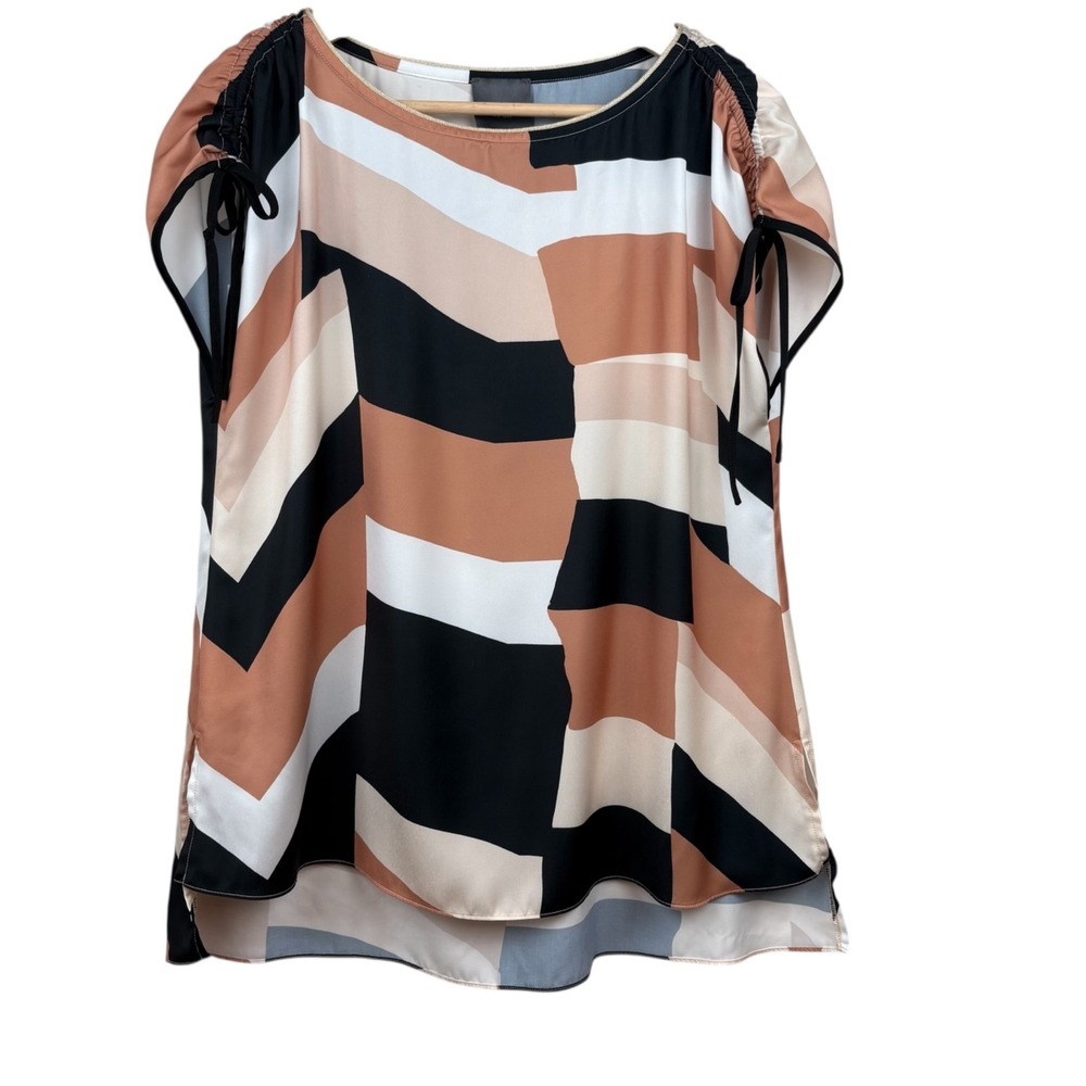 Lysse Geometric Colorblock Top Tie Cap Sleeves Women's Sz Small Tan Black‎ Brown